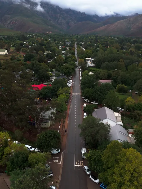 From above: Greyton's main street running to the mountains