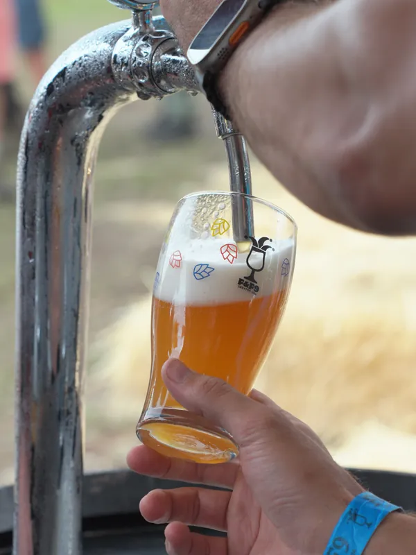 A golden pour into a festival glass